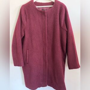 BB DAKOTA Maroon Burgundy Long Womens Collarless Wool Blend Coat Jacket Size 1X